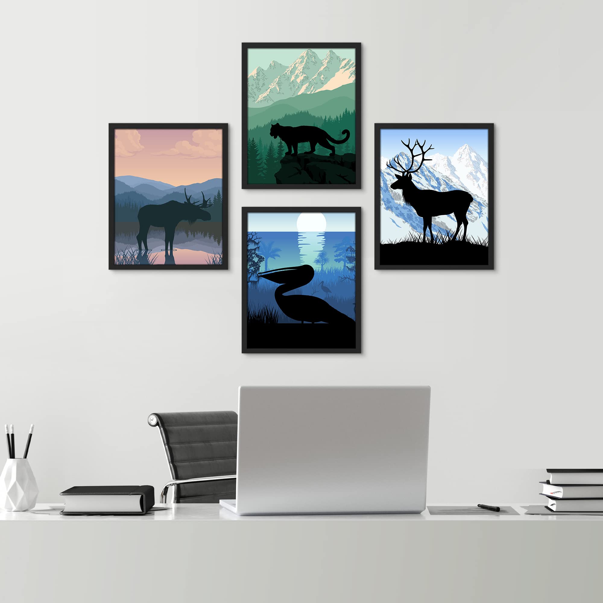 Signwin Framed Moose, Mountain Lion, Pelican Silhouette Landscapes Wall Art, Set Of 4 Animals Wall Decor Prints, Wilderness Natu